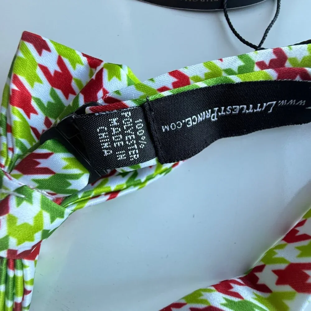 Littlest Prince Bow Tie Adjustable Holiday Houndstooth Red Green Polyester